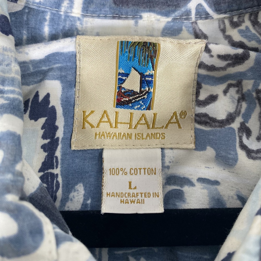 Kahala Button Up Shirt Mens Large Blue Geometric Floral Cotton Hawaii Made - Picture 12 of 16